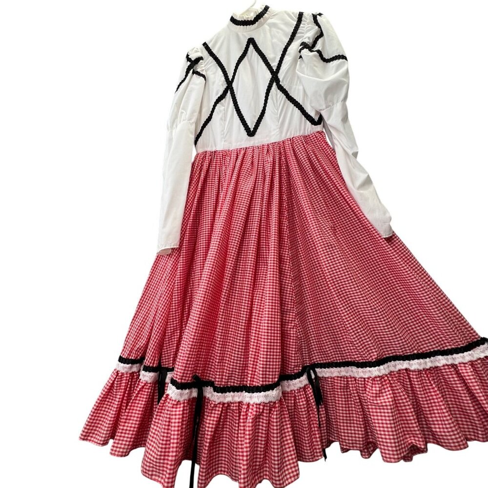 Vintage Prairie Maxi Dress Cottagecore Handmade Gingham Red Mutton Sleeve M/L